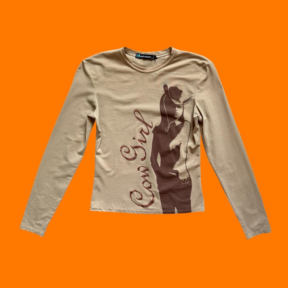 00's vintage cowgirl graphic studded bodycon long sleeve y2k baby tee top M